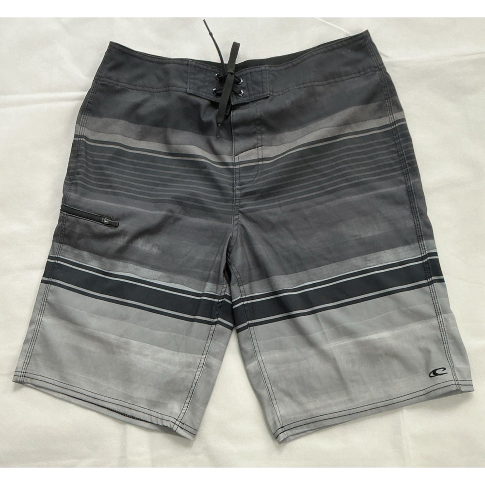 O'Neill Board Shorts Mens 32 Black Gray Stripe Swim Trunks Cargo Surf Beach